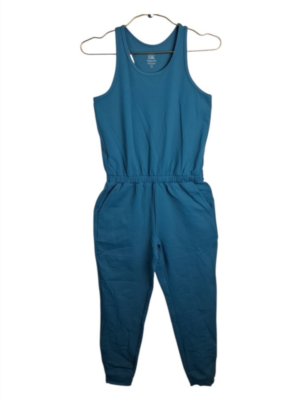 Athleta Girl Jumpsuit L 12 Blue Sleeveless Knit Jogger Elastic Waist Pockets